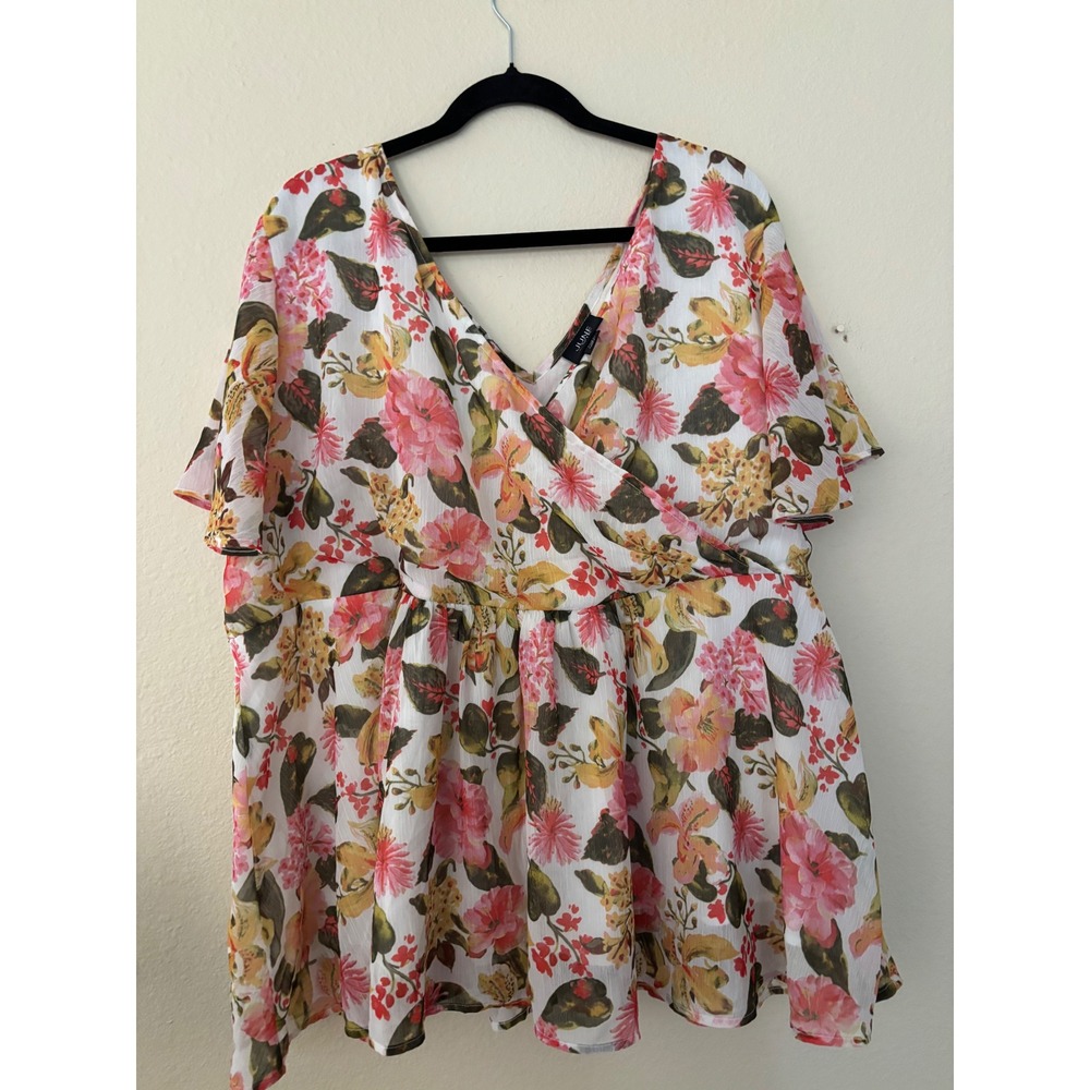 June + Vie Floral Surplice Peplum Blouse 1X 22/24 Multi-Color V-Neck 
A1206